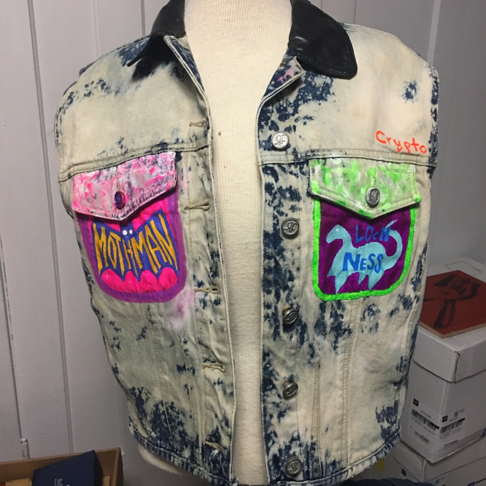 Custom hand painted cryptozoology denim vest